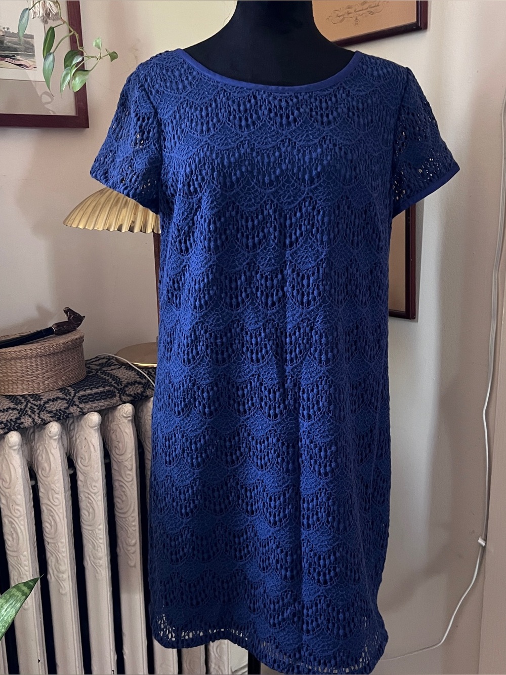 Ann Taylor Loft Blue Crochet Style Tie Back Short Sleeved Dress Size 6